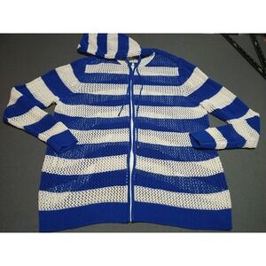 Quacker Factory Sweater Ladies 2X Blue/White Full Zip Nautical Beach Summer